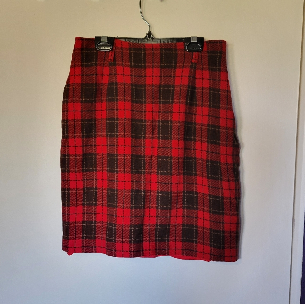 Vintage Plaid Red and Brown Wool Skirt